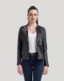 Veste biker vintage noire en cuir ADELINE, femme – vue 1