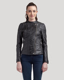 Veste biker vintage noire en cuir ADELINE, femme – vue 2