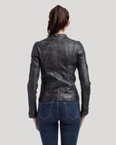 Veste biker vintage noire en cuir ADELINE, femme – vue 4